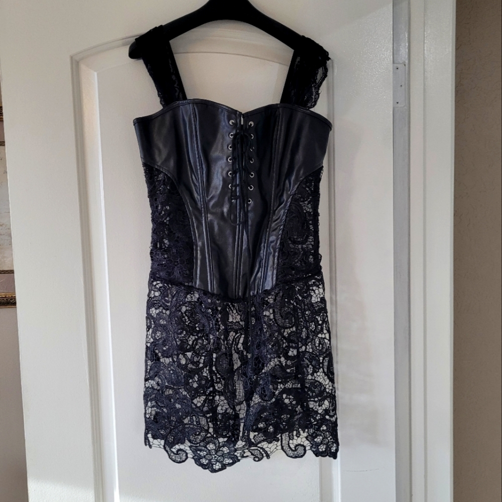 Intimate sexy play dress black faux leather corset top fits 10 to 12